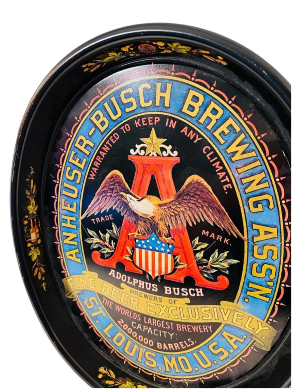 Vintage Anheuser-Busch Metal Beer Tray Black Oval St. Louis Eagle Adolphus Busch